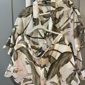 Express Cream and Green Oversized Button Down Shirt